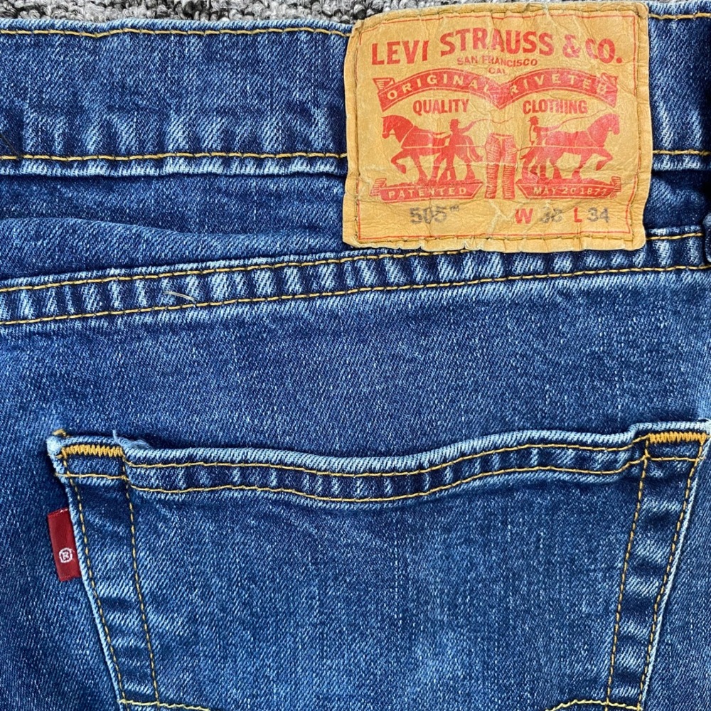 Levis 505 Mens Jeans 34x32 Blue Straight Leg Stretch Denim Red Tab - Picture 6 of 12